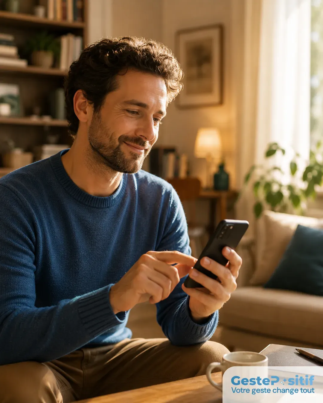 Personne consultant sereinement son application bancaire sur smartphone à la maison, lumière chaude, ambiance calme et confiante