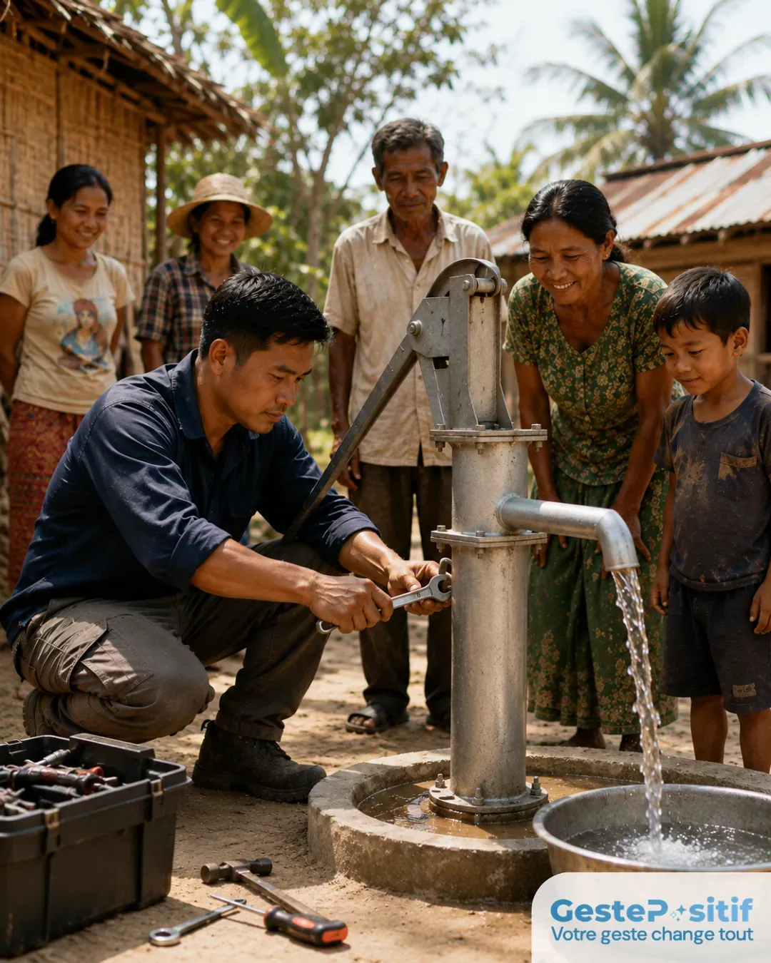 Technicien ou membre de la communauté installant ou réparant une pompe à eau manuelle, geste précis, entraide locale, atmosphère de compétence et d'autonomie