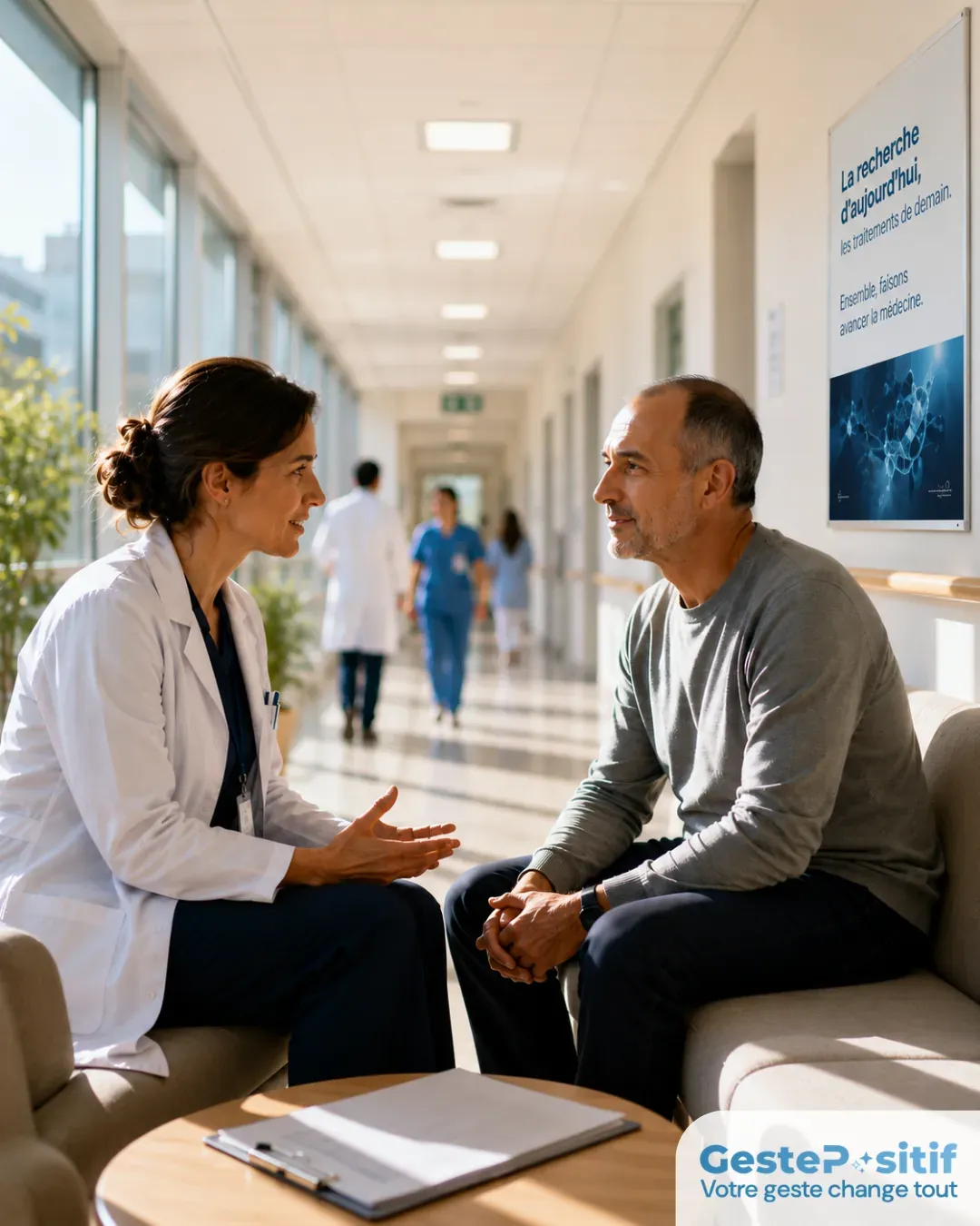 Chercheur et patient en discussion dans un couloir d'hôpital lumineux, posture d'écoute et de confiance mutuelle, atmosphère d'espoir et de progrès
