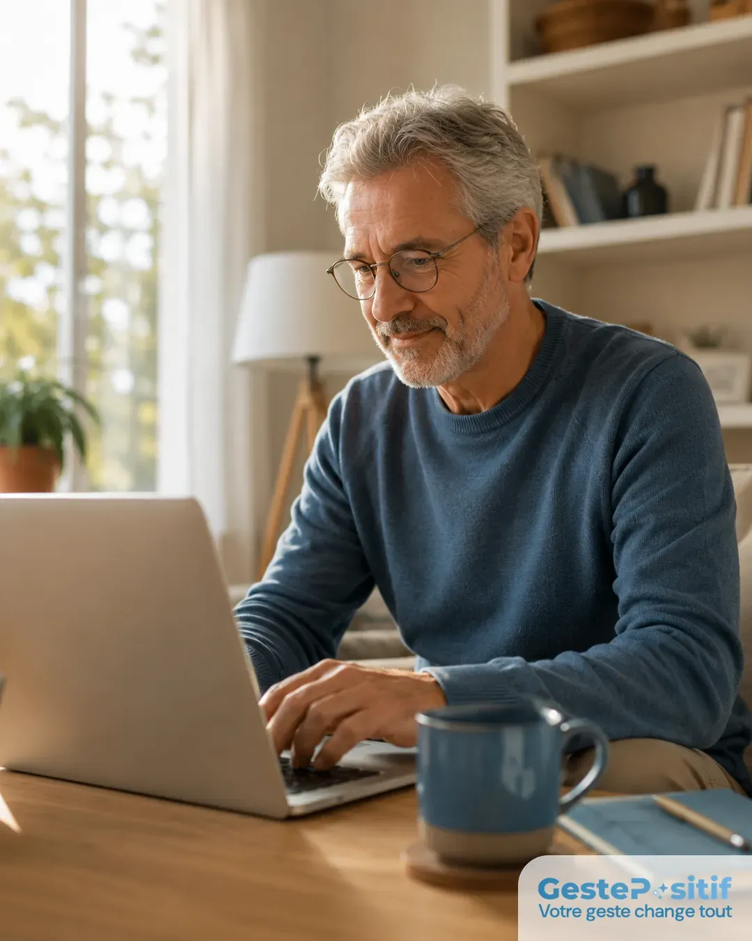 Personne consultant une plateforme de mise en relation bénévole sur un ordinateur portable, expression motivée, intérieur lumineux et moderne