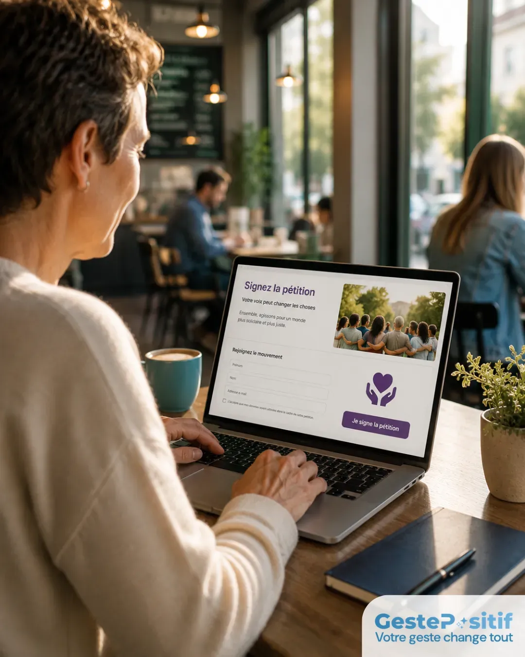 Personne signant une pétition en ligne sur un ordinateur portable dans un café, expression déterminée et engagée, ambiance lumineuse et moderne