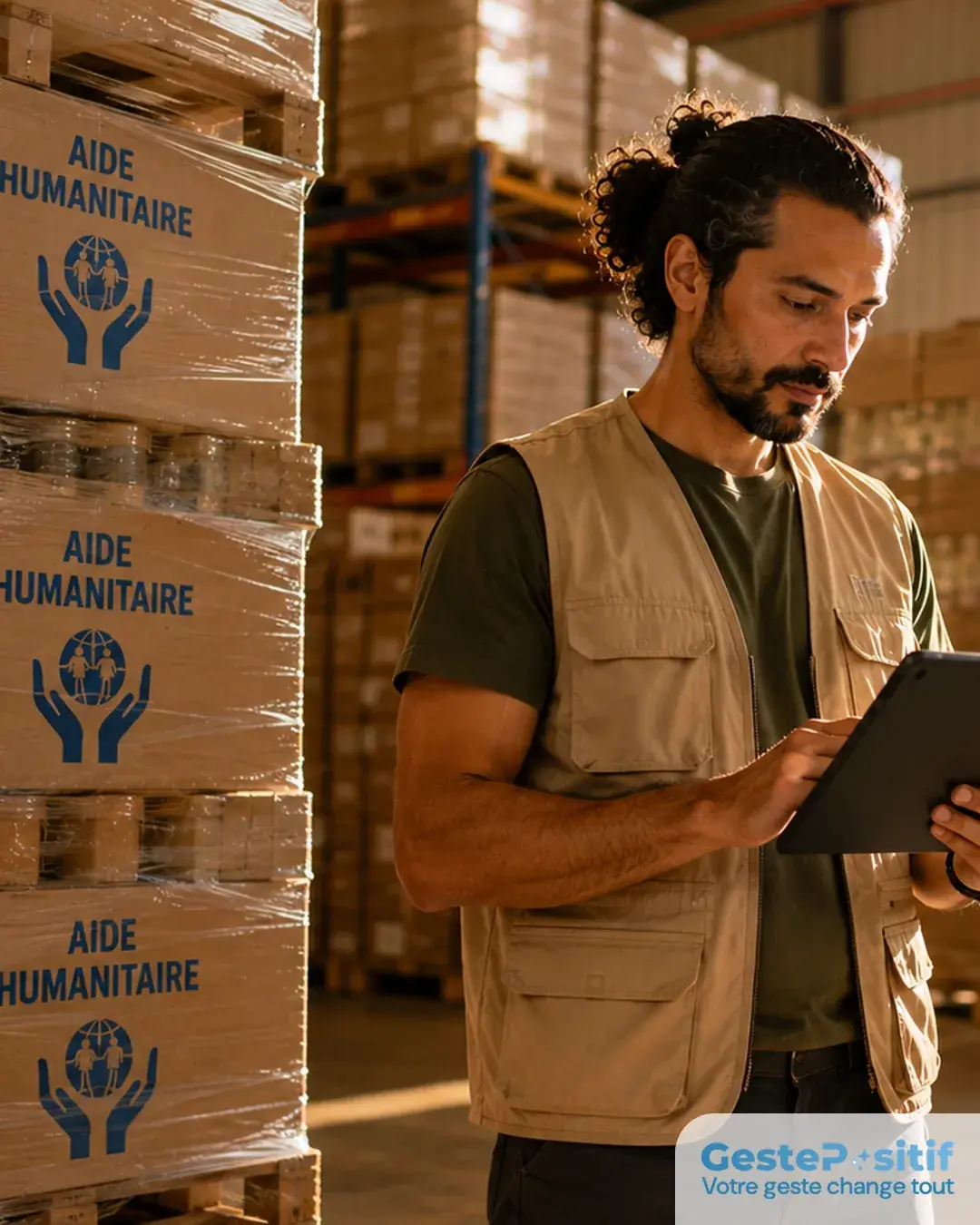 Logistique humanitaire terrain : entrepôt de stockage de kits alimentaires, agent avec tablette devant des cartons empilés, atmosphère d'organisation et d'efficacité
