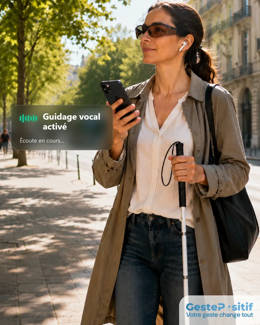 Personne malvoyante utilisant un smartphone avec lecteur d'écran, expression de concentration positive, espace intérieur lumineux