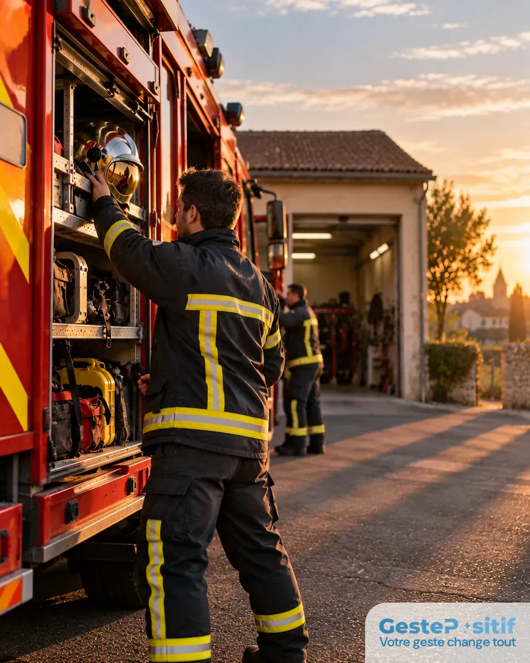 Sapeur-pompier volontaire français en tenue d'intervention française rangeant du matériel dans un véhicule de secours devant une caserne de village française, fin de journée, geste ordinaire et professionnel, aucun feu à l'image