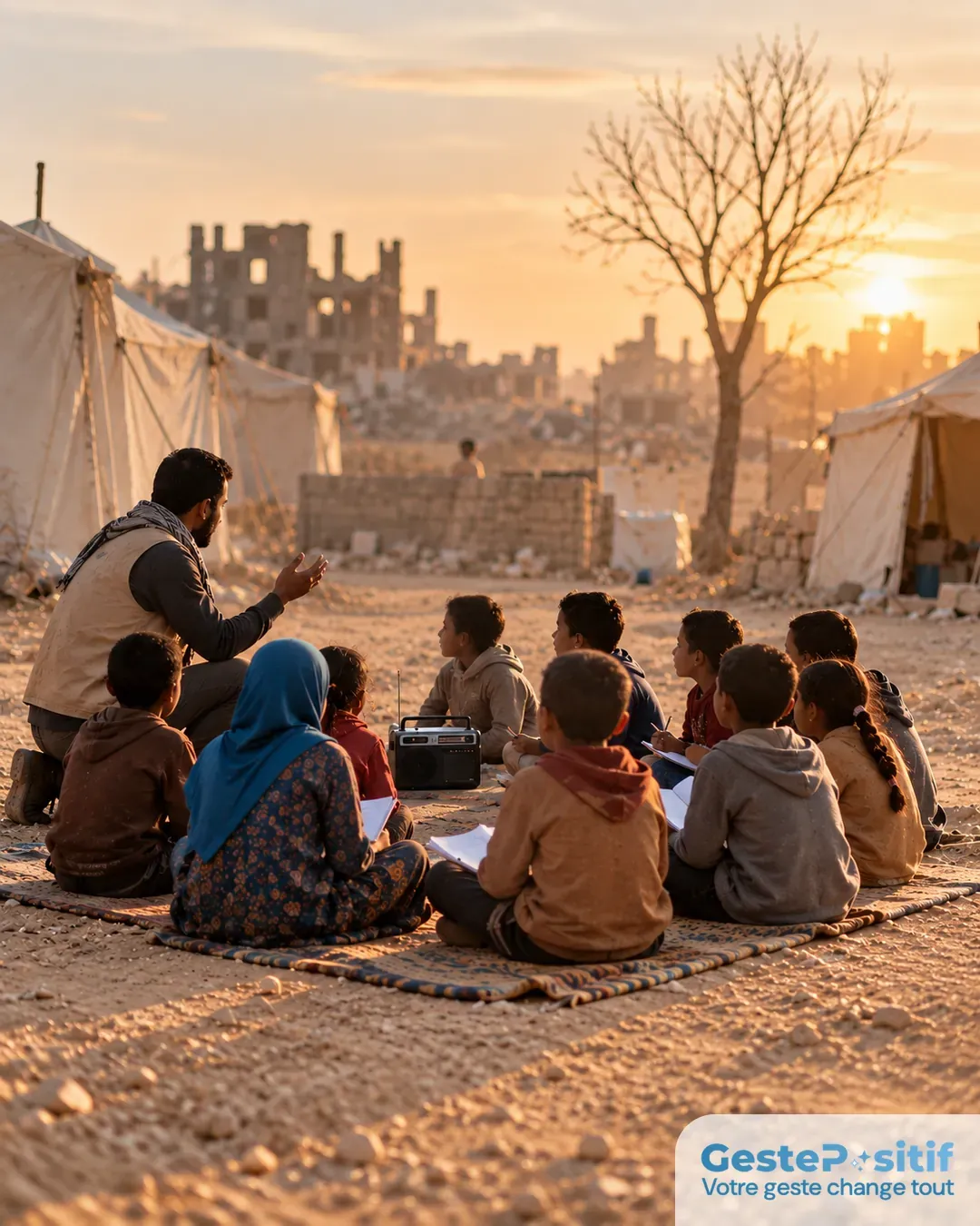 Enseignant communautaire animant un cours en plein air pour une dizaine d'enfants assis sur des nattes, cahiers ouverts, poste de radio posé au centre du cercle, décor semi-aride du Moyen-Orient (sol pierreux et poussiéreux, tentes de toile claire, murs de blocs de béton, un arbre nu, bâtiments abîmés très flous au loin), aucune végétation verte, lumière de fin d'après-midi, scène concrète et positive