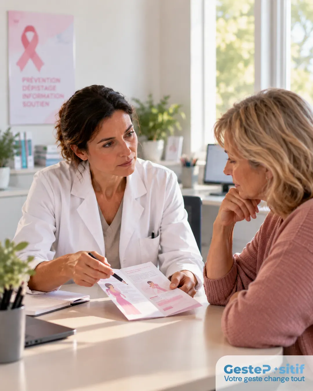 Professionnelle de santé en blouse expliquant un document d'information à une femme d'une cinquantaine d'années dans un cabinet lumineux, échange attentif et rassurant, aucun matériel médical anxiogène au premier plan