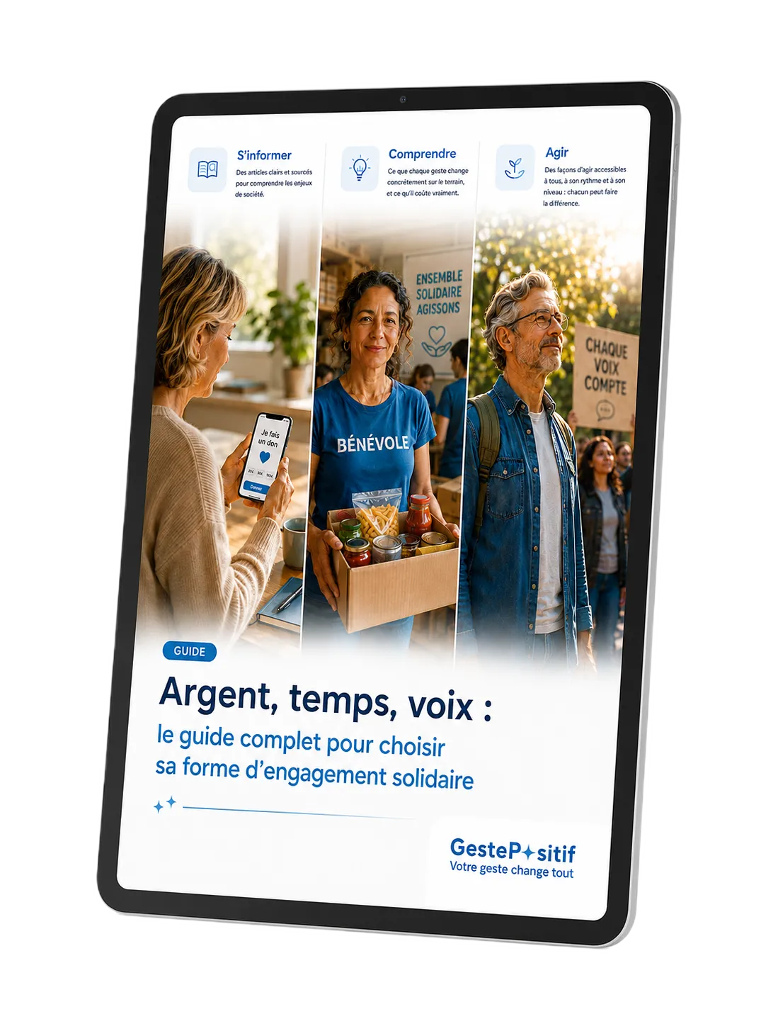Couverture du guide « Argent, temps, voix » affichée sur une tablette