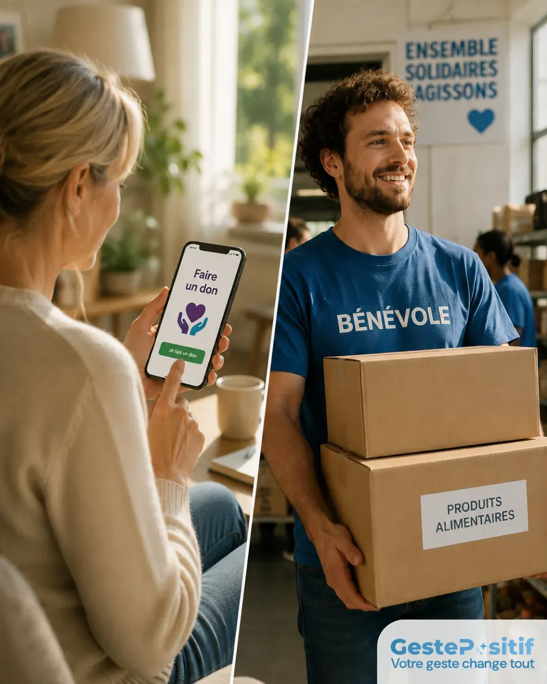 Personne tenant un smartphone affichant une application de don, juxtaposée à un bénévole portant des cartons dans une association, mise en scène sobre qui met en parallèle deux formes d'engagement, lumière naturelle chaleureuse