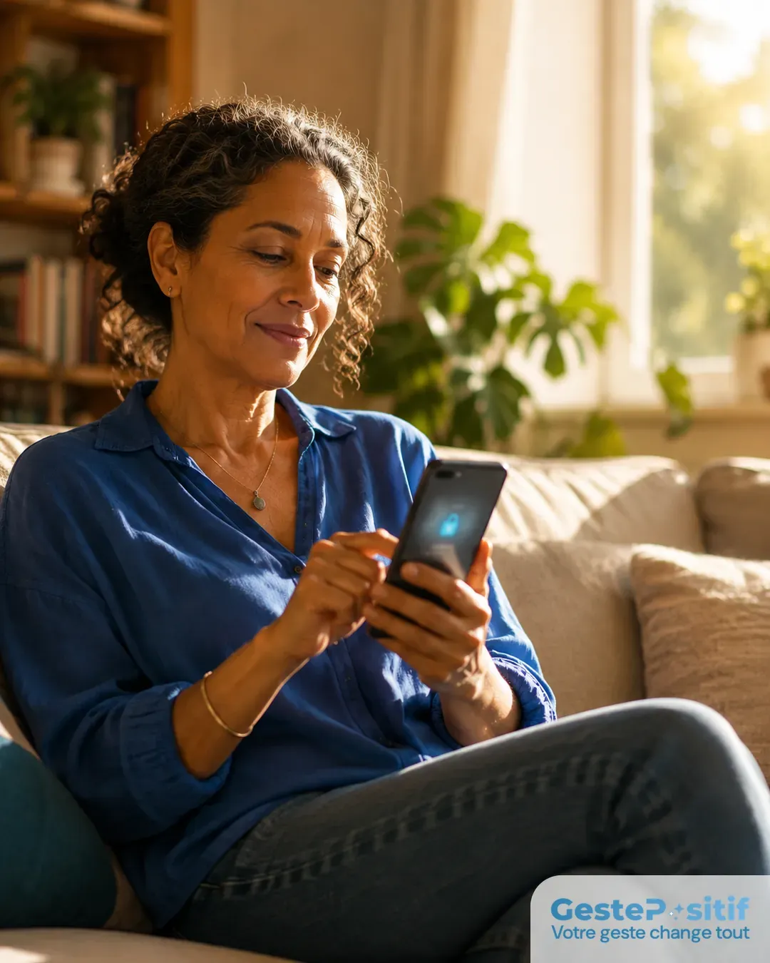personne effectuant un don en ligne sur smartphone ou ordinateur portable, expression calme et confiante, icône de sécurité (cadenas) discrètement visible à l'écran, intérieur chaleureux et lumineux