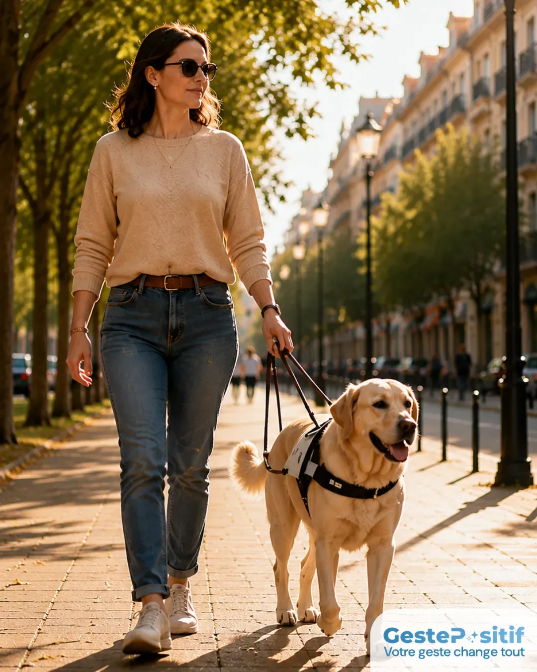 labrador guide accompagnant son maître malvoyant dans une rue animée, complicité et confiance, lumière naturelle chaleureuse