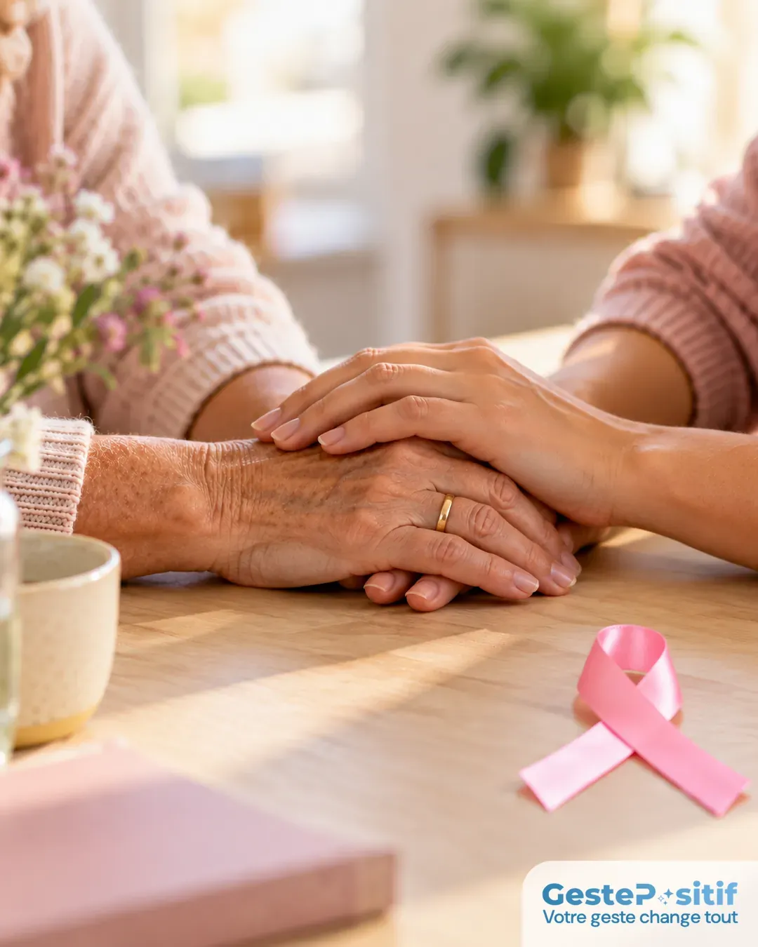 Mains de deux femmes de générations différentes posées l'une sur l'autre sur une table claire, un ruban rose discret posé à côté, lumière douce et naturelle, cadrage serré et pudique, aucun visage, registre de la confiance et non de la maladie