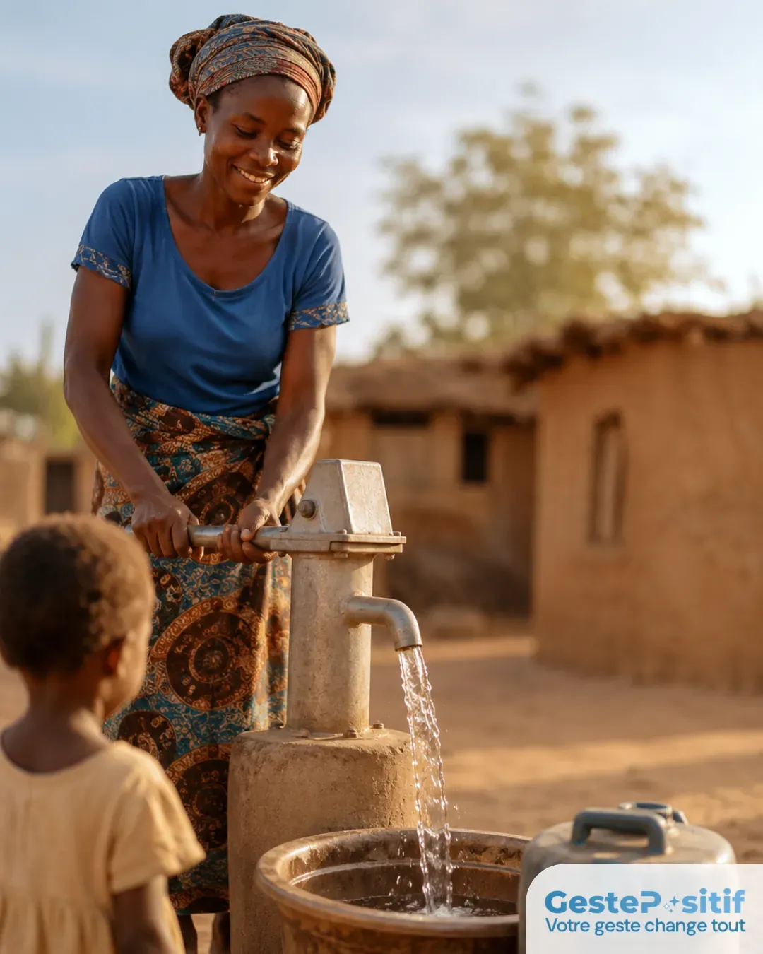 Femme ou enfant souriant puisant de l'eau claire à une pompe à main moderne ou un point de filtration dans un village, lumière naturelle chaude, dignité et autonomie, sans misérabilisme