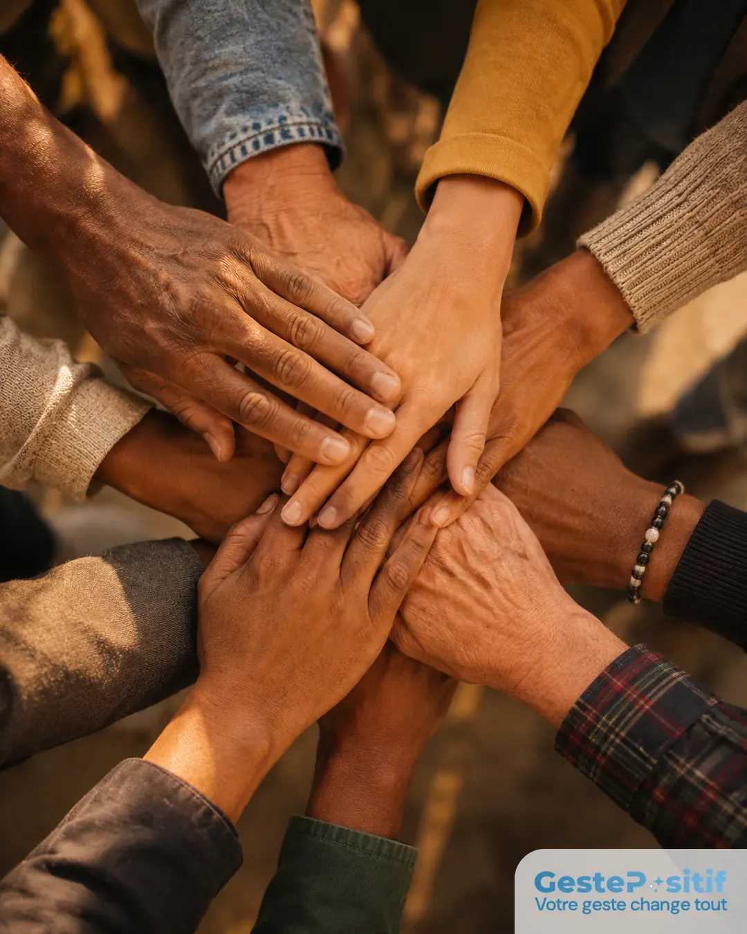 plan rapproché sur plusieurs mains jointes en cercle, geste de solidarité et d'union collective, lumière naturelle dorée, diversité des âges et des origines