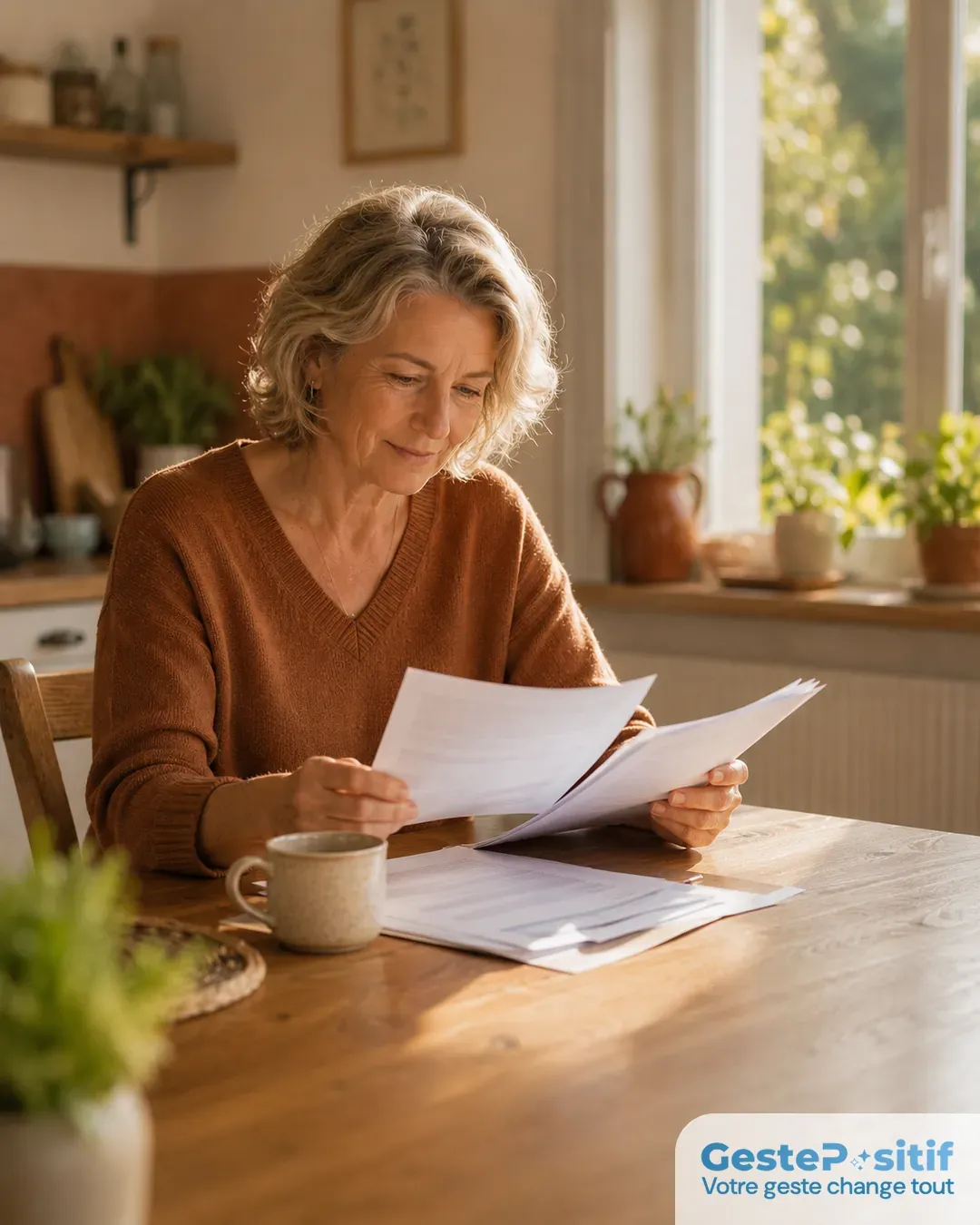 Personne consultant sereinement des documents à sa table de cuisine, tasse de café à proximité, lumière naturelle chaleureuse, ambiance calme et rassurante