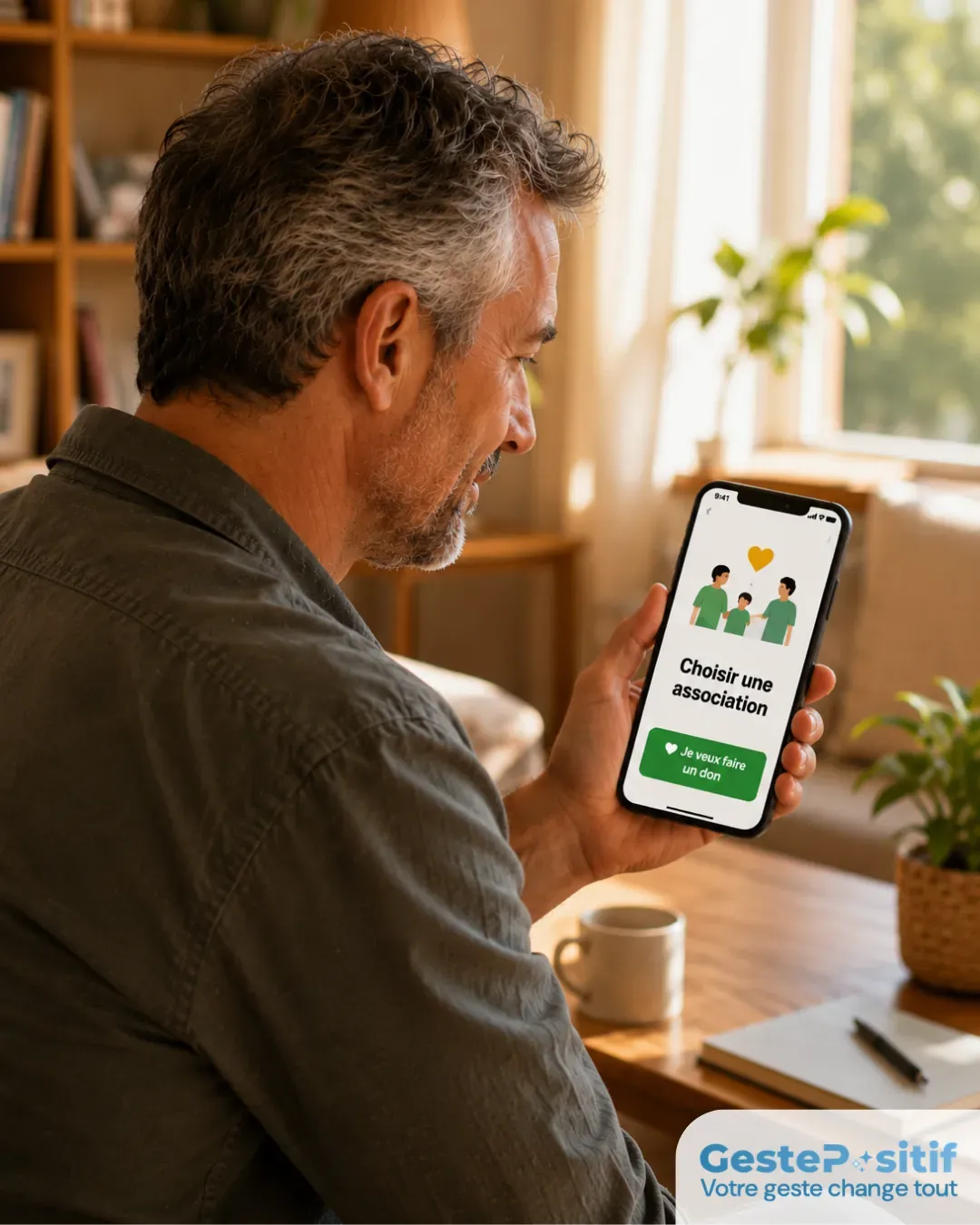 personne consultant un site ou une appli avant de faire un don, expression sereine et confiante, ordinateur portable ou smartphone, intérieur chaleureux et lumineux