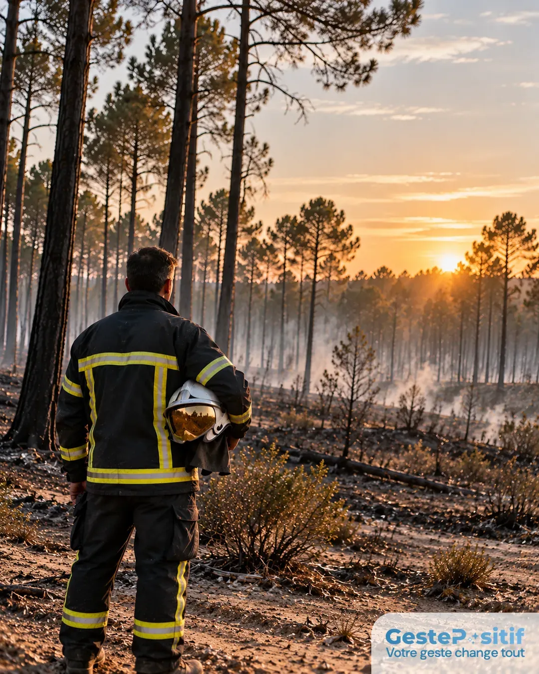 Sapeur-pompier français, de dos, en tenue d'intervention française (casque F1 et veste de feu aux normes françaises), casque sous le bras, observant une lisière de forêt à la lumière du petit matin après un feu, fumée résiduelle au sol, posture calme et digne, hommage plutôt que spectacle des flammes