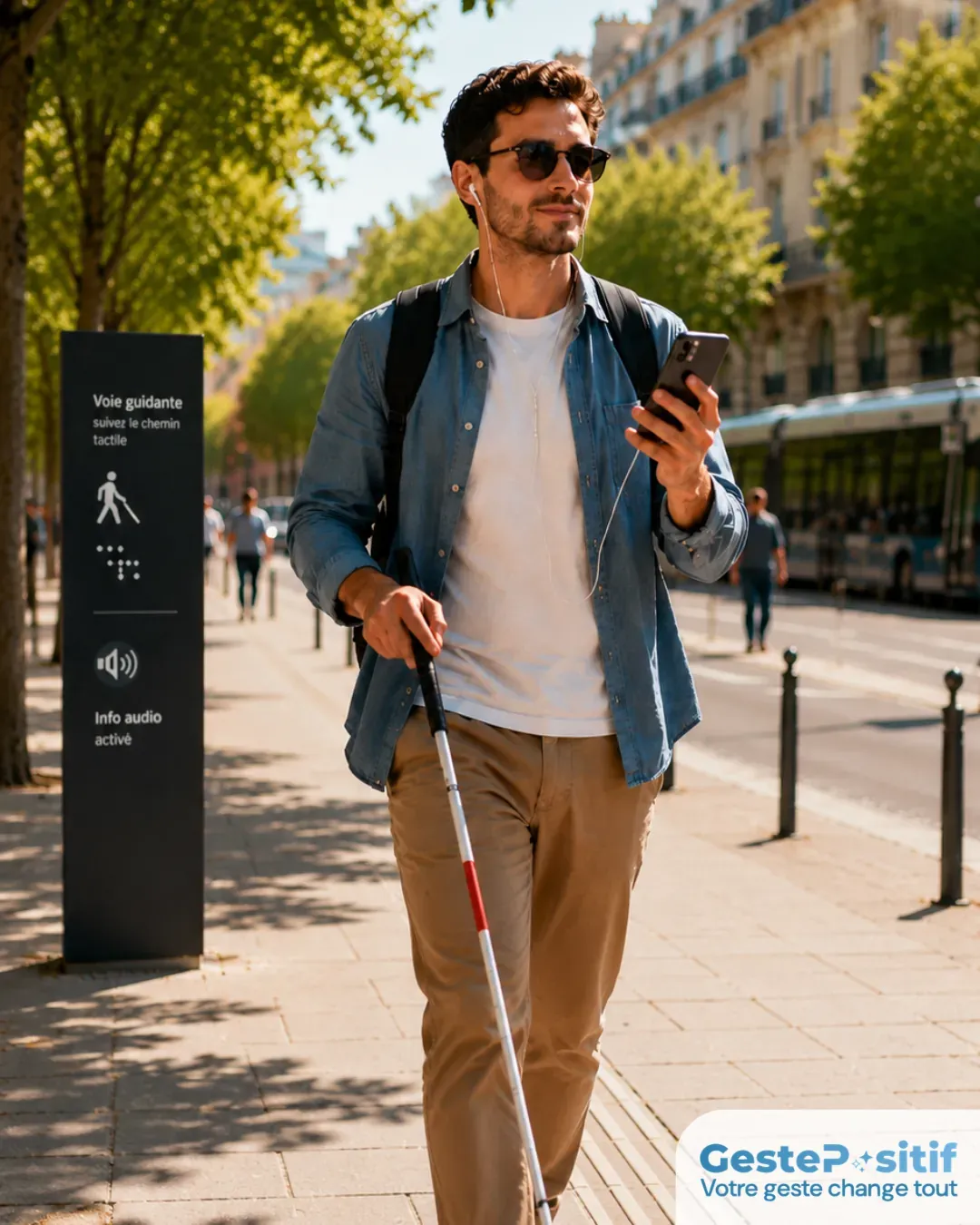 personne malvoyante utilisant une application mobile d'assistance dans un espace urbain ensoleillé, sourire serein, atmosphère d'autonomie et de liberté de déplacement