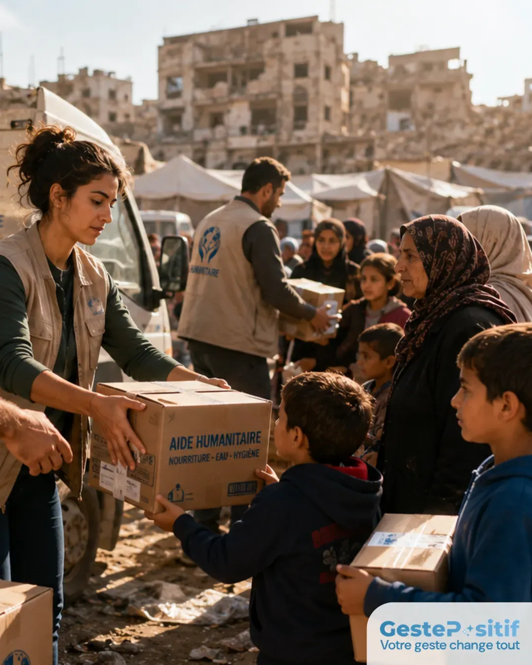Agent humanitaire distribuant des colis alimentaires dans un camp, regard déterminé, lumière naturelle chaude, atmosphère d'action et d'espoir, sans misérabilisme