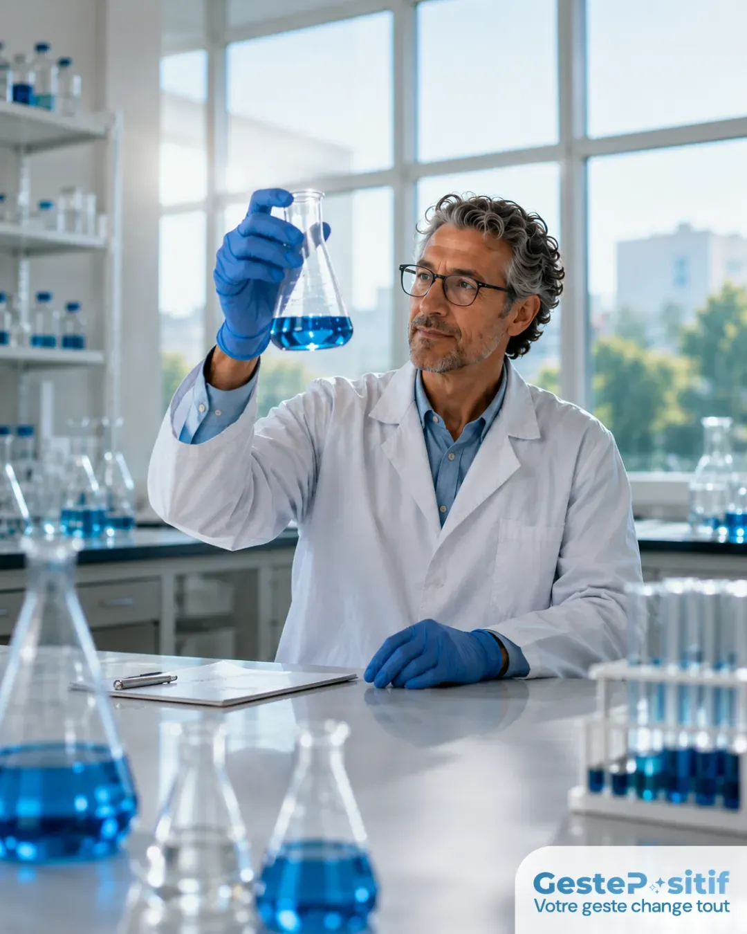 Chercheur en blouse blanche dans un laboratoire lumineux moderne, expression de concentration et de détermination, atmosphère de progrès scientifique