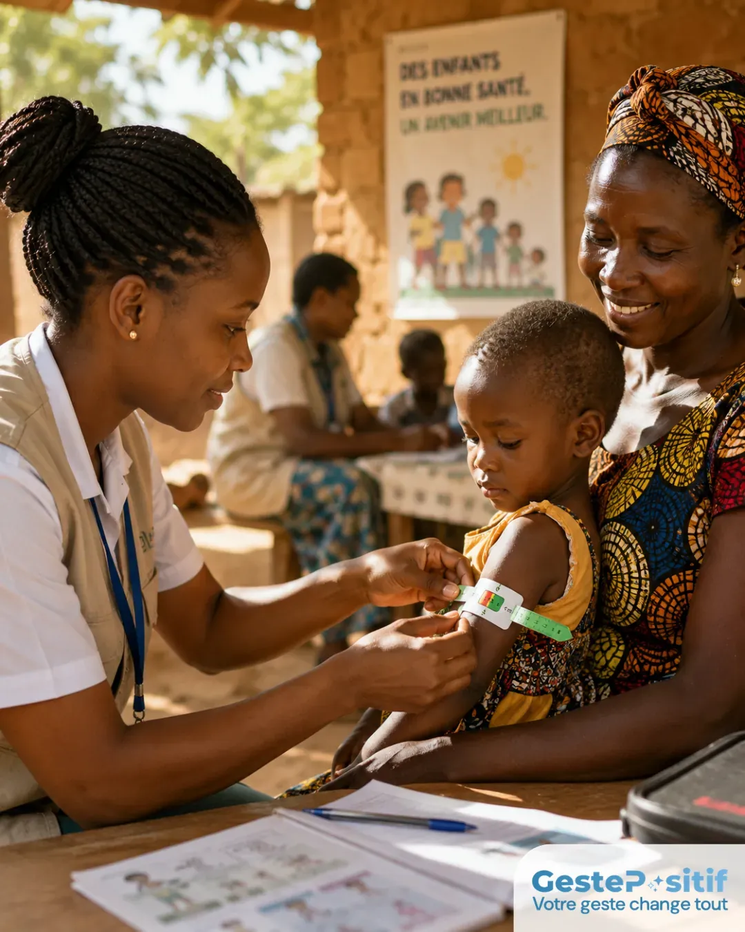 Professionnel de santé ou agent communautaire mesurant le bras d'un enfant souriant avec un bracelet de mesure, atmosphère bienveillante et rassurante, lumière chaude, dignité et espoir, sans misérabilisme